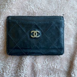 Auth Chanel black quilted matelasse leather card case holder